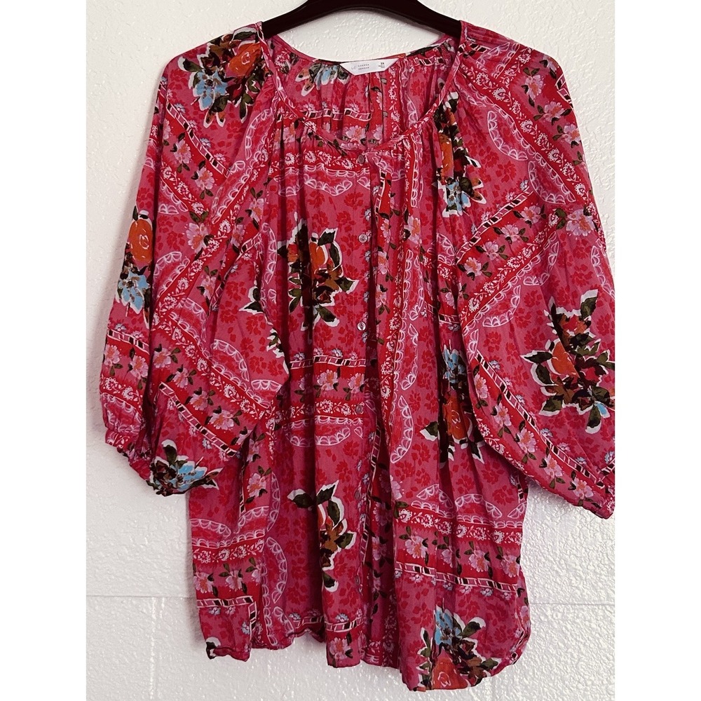 LC Lauren Conrad Blouse Womens 2X Pink Floral Boho Button Front Puff Sleeve Top